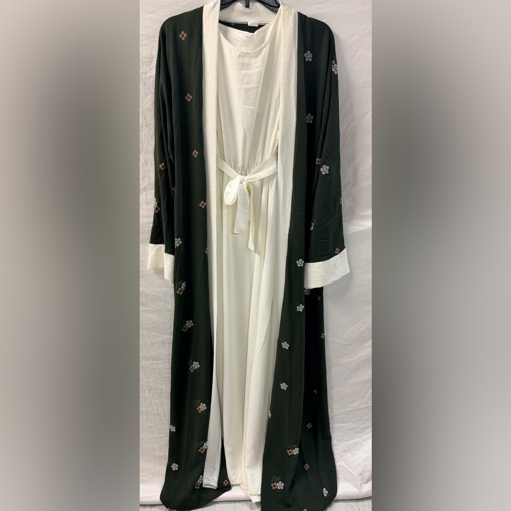 3Piece Floral Embroidered Duster, Abaya Set, Long Sleeve Kimono, Dark Green